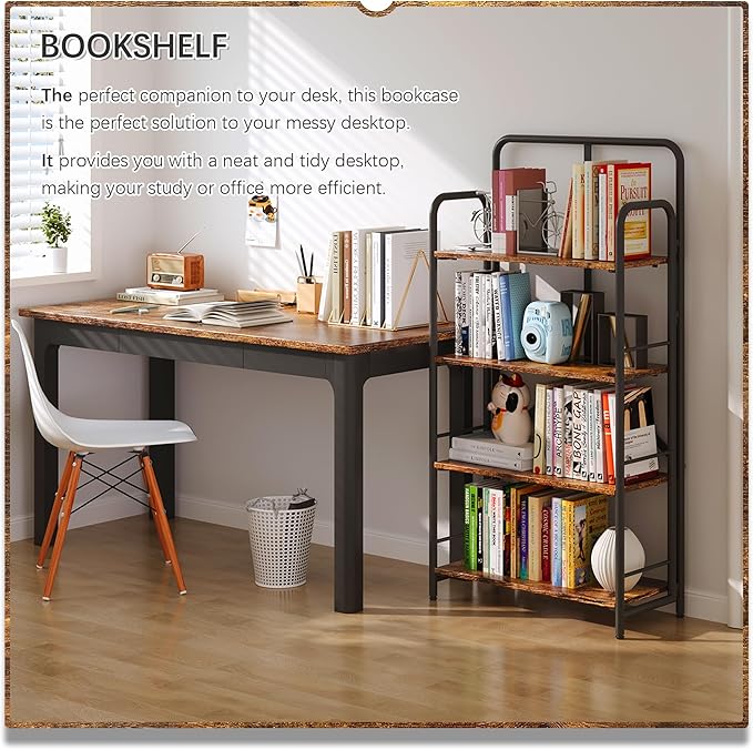 4NM No Assembly Folding Bookshelf 4 Tiers Vintage Industrial Black Book Shelf - Image 3
