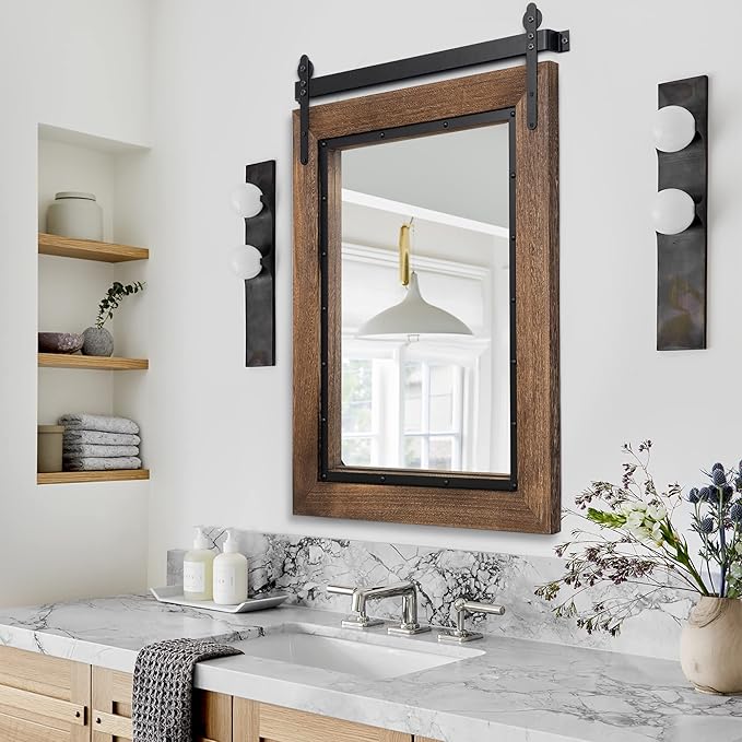 YOSHOOT Farmhouse Barn Door Mirror, Wood Frame Wall Mirror, Wooden Mirror - Image 5