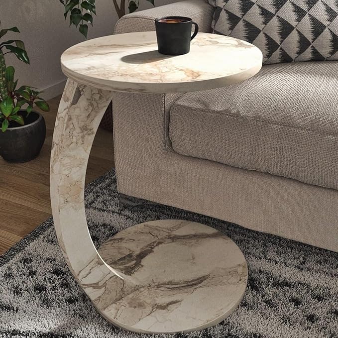 C Shaped End Table for Couch Small Places, Faux Marble White Space Saver Round by Furpinea-HandmadewithLove
