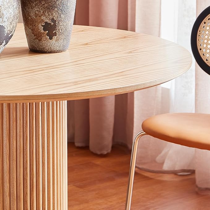 Round Wood Dining Table，Wooden Trestle Pedestal Base on Stainless Steel - Image 4