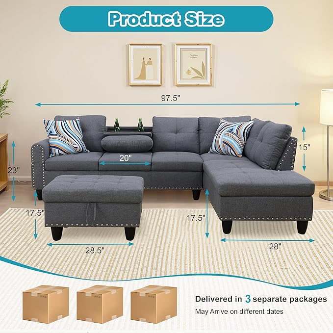 Couches for Living Room Modern L Shaped Couch Comfy Linen Fabric 3 Pieces - Image 2