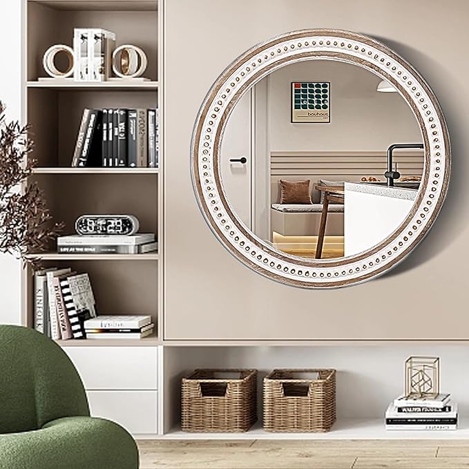 32'' Boho Wooden Large Round Wall Mirrors, Rustic Farmhouse Circle Mirrors - Image 5