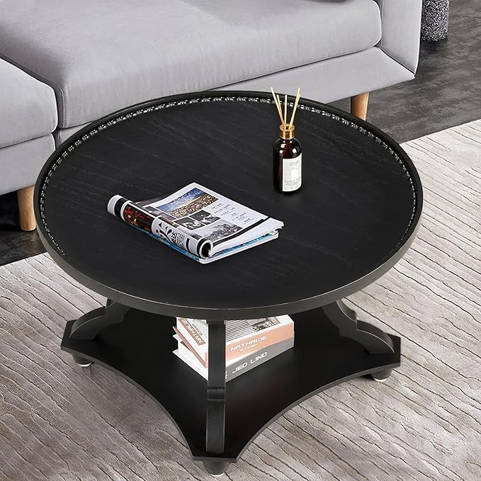 Wnutrees Farmhouse Round Coffee Table, Wood Tray Top Circle Coffee Table - Image 6