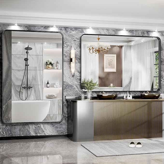 Hasipu Black Bathroom Mirror 59x39 Inch Rounded Rectangle Vanity Mirror Metal - Image 3