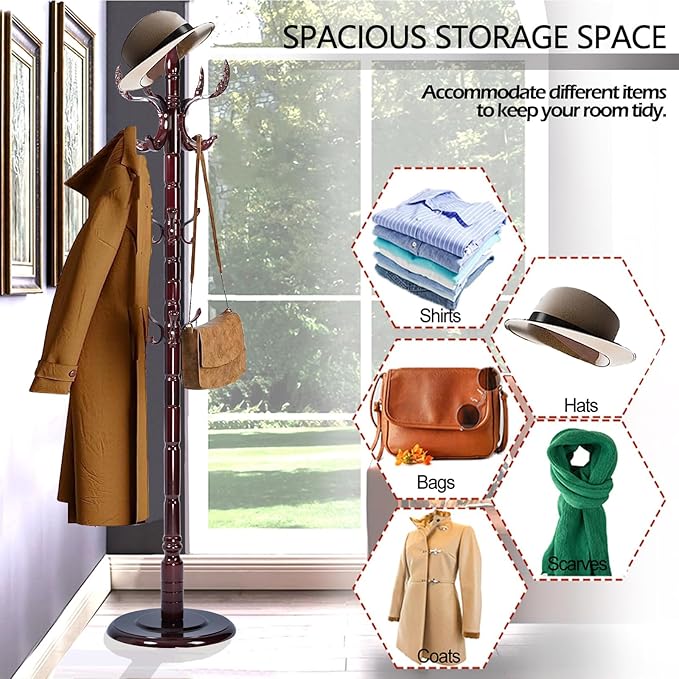 Coat Racks Free Standing with 14 Hooks, Natural Wood Coat Stands - Image 4