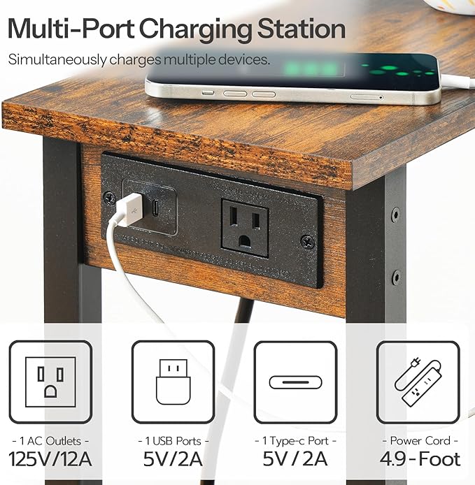 HOOBRO Small End Table with Charging Station, Narrow Side Table with USB Port - Image 6