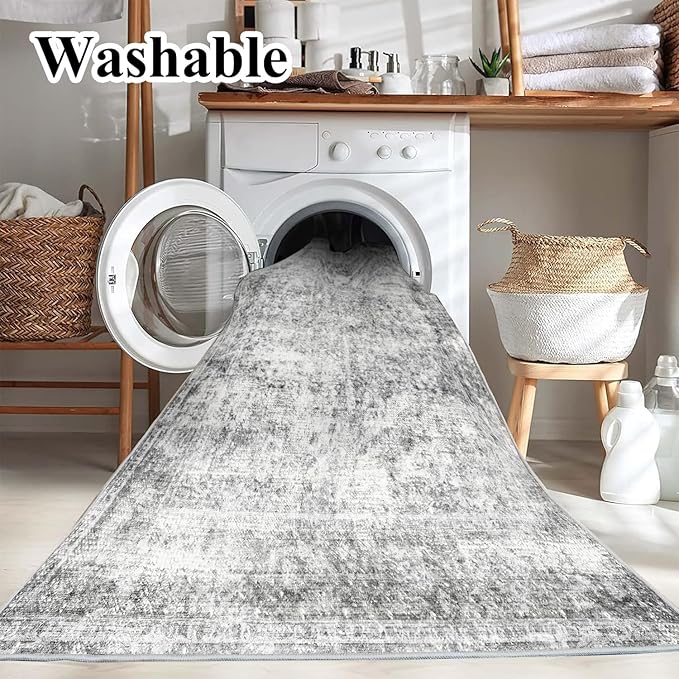 Area Rug 6x9 Washable Rug Gray Vintage Traditional Floor Cover Thin Rug Retro - Image 3