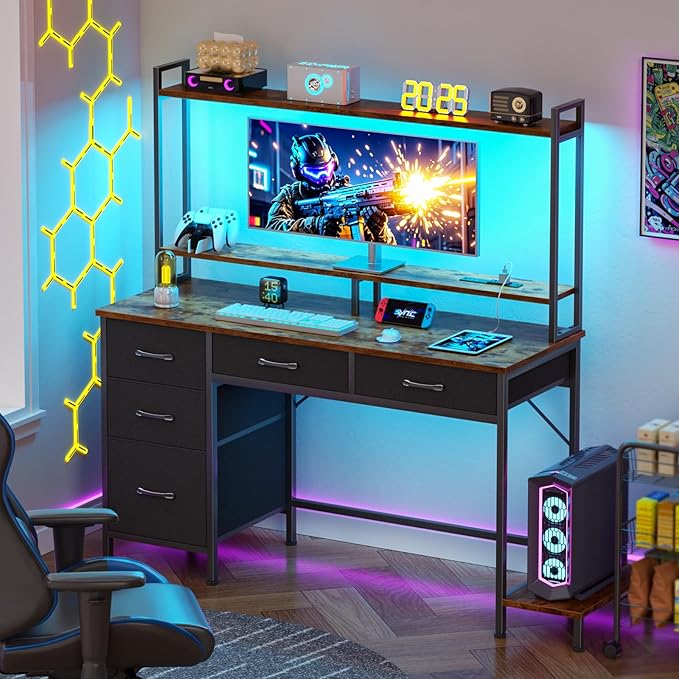Computer Gaming Desk with Hutch, Home Office Desk with Power Outlets, LED Light - Image 2