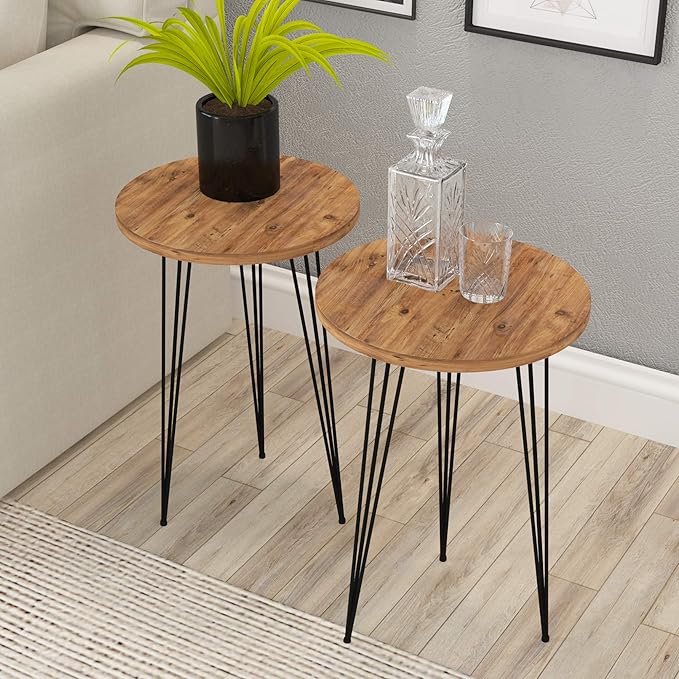 PAK HOME - Set of 2 End Table – Pine Wood Round Wood Sofa Side Coffee Tables by PAKHOME
