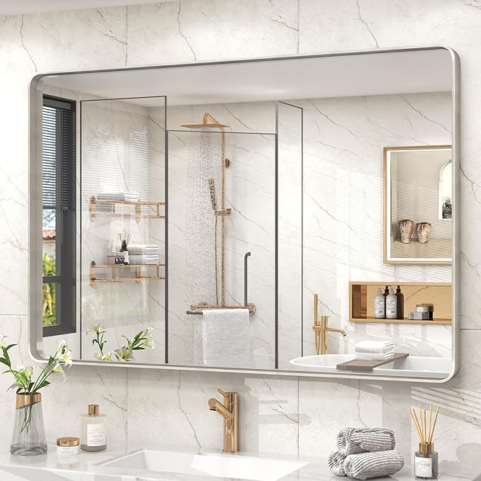 48x32 Silver Bathroom Mirror for Wall, Brushed Metal Framed Bathroom Vanity by CHARMOR