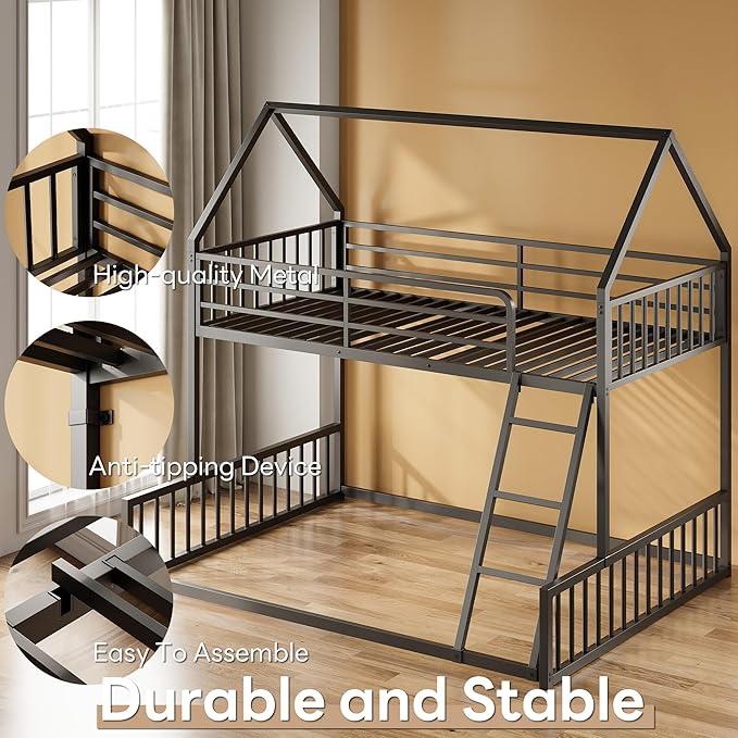 LIKIMIO Bunk Bed Twin Over Full Size, House Bunk Bed Frame - Image 3