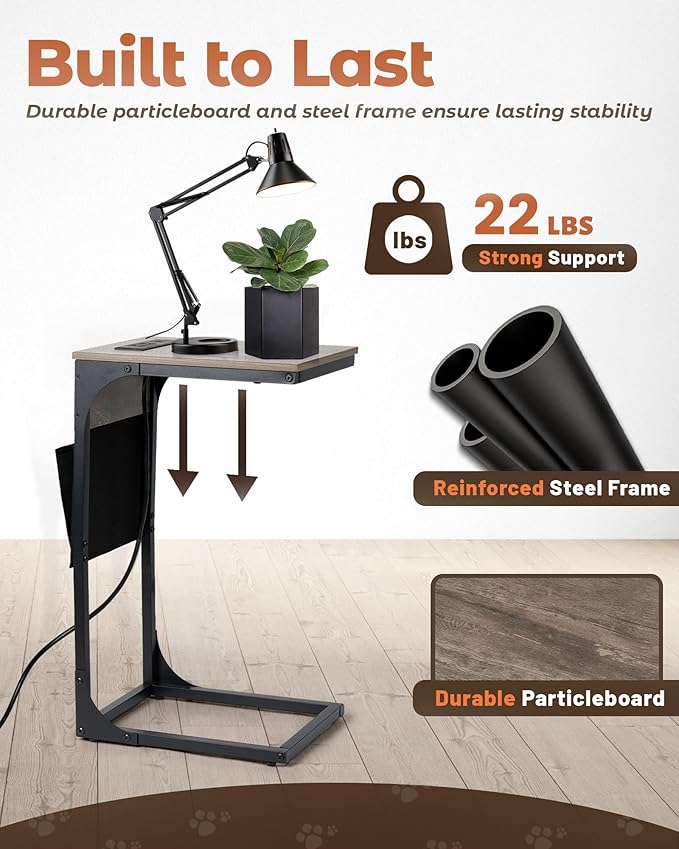 C Shaped End Table with Charging Station, Couch Side Table with Storage Pocket - Image 6