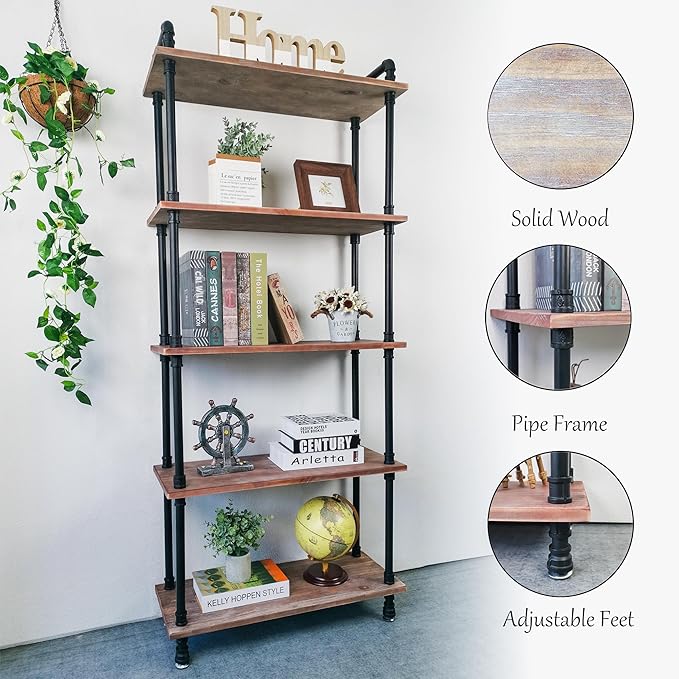 Industrial Bookshelves, Wood Pipe Bookshelf, 5 Shelf Rustic Display Storage - Image 2