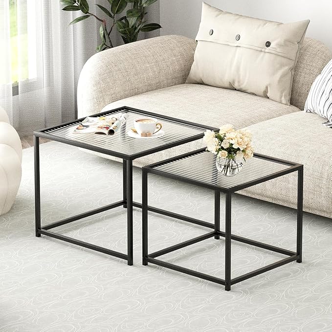 VILAWLENCE Coffee Table Set of 2, Modern Black Glass Side Table, Metal Frame - Image 3