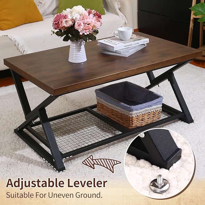 EASYSOUL Coffee Table with Storage Shelf, Solid Wood Top with Black Metal - Image 7