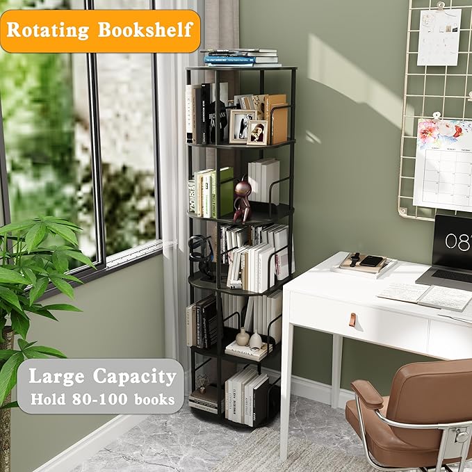 5-Tier Rotating Bookshelf, 360 ° Display Stackable Spinning Bookshelf Tower - Image 3