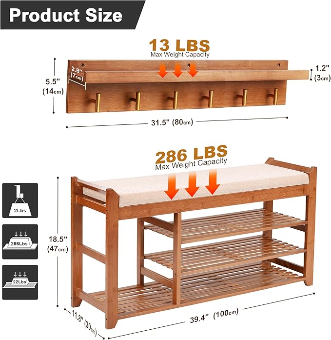 Hall Tree with Bench and Shoe Storage, Coat Rack Shoe Bench Set with Seat - Image 3