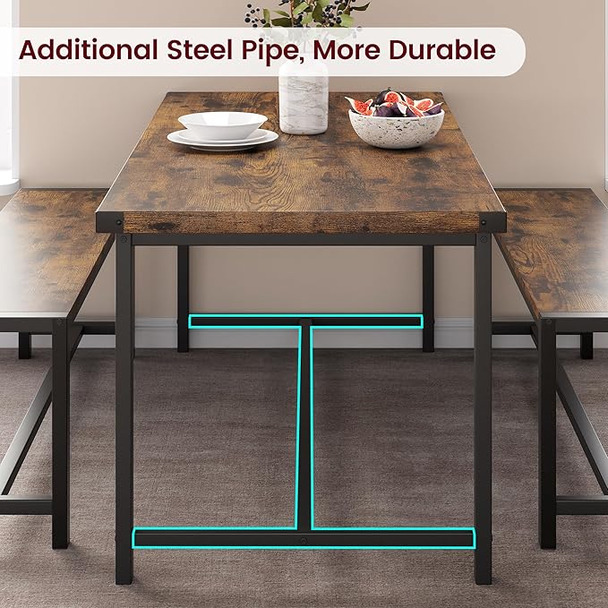 Dining Table Set for 4 with 2 Benches, 3-Piece Kitchen Table Set, Space-Saving - Image 9