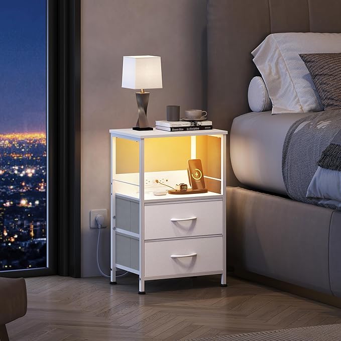 WLIVE White Night Stand with Charging Station, LED Nightstand with 2 Fabric - Image 2
