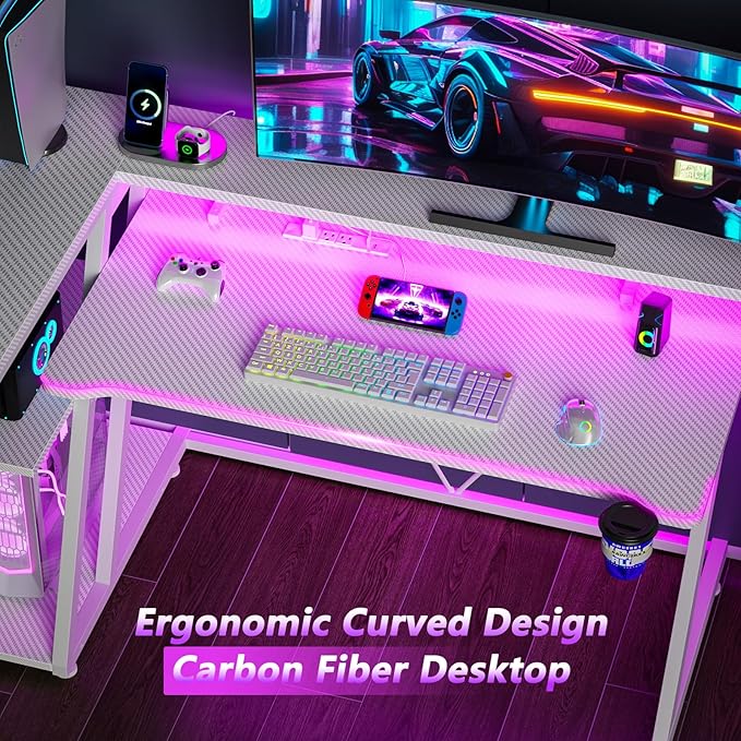 47 Inch White Gaming Desk with Power Outlet & LED Lights, Corner Computer Desk - Image 7