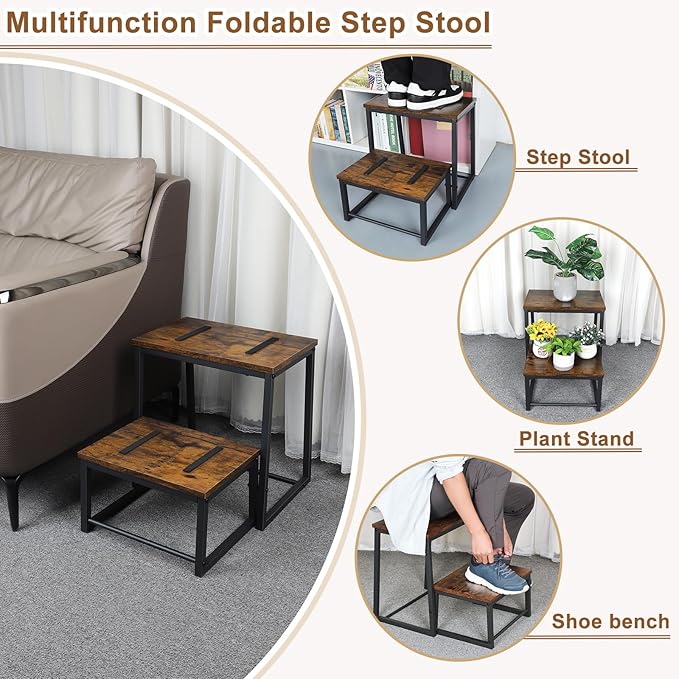 Vrisa Wood Step Stool for Adults Bedside Steps for High Beds Two Step Stools - Image 4