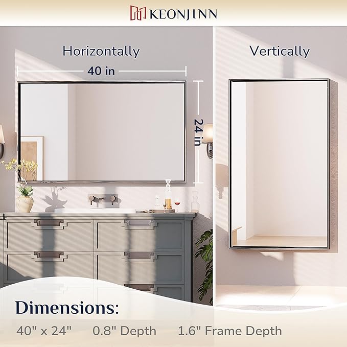 Keonjinn Black Bathroom Mirror 40 x 24 Inch, Metal Frame Black Mirror - Image 7