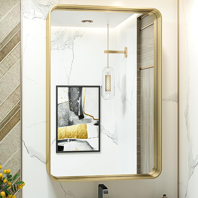 TokeShimi Gold Bathroom Mirror for Wall 24 x 36 Inch Metal Rounded Corner by RefinedBathroomAccessories