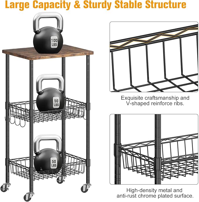 Rolling Kitchen Storage Cart, 3-Tier Storage Rack on Caster Wheels - Image 6