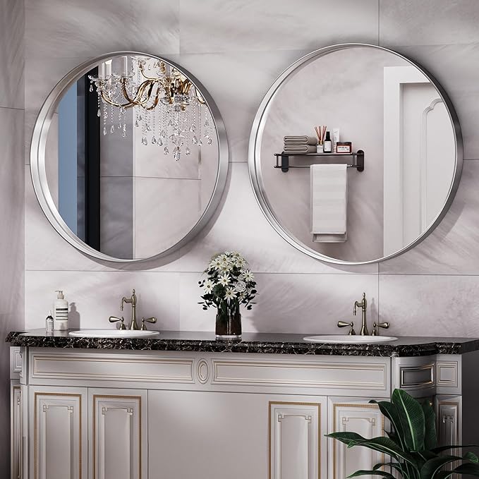 Hasipu Round Silver Mirror 38 Inch Large Round Bathroom Mirror Metal Frame - Image 3