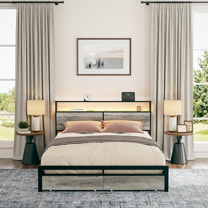 Queen Size Bed Frame with Storage Headboard and 4 Drawers LED Lighting Sturdy - Image 4