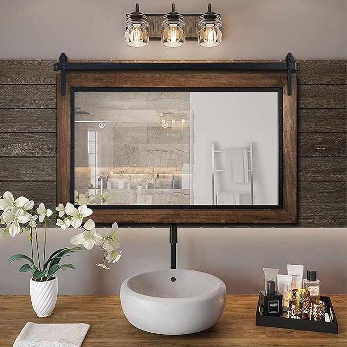 YOSHOOT Farmhouse Barn Door Mirror, Wood Frame Wall Mirror, Wooden Mirror - Image 5