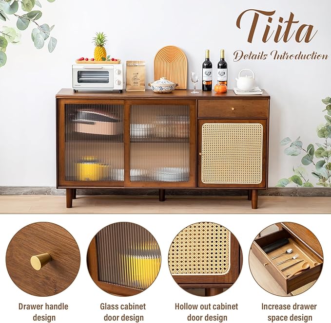 Tiita Bamboo Sideboard Buffet Cabinet, Rattan Kitchen Storage Cabinet - Image 4