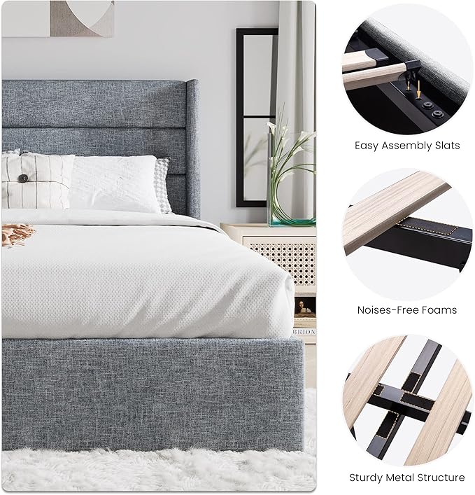 SHA CERLIN King Size Lift Up Storage Bed/Modern Wingback Headboard/Upholstered - Image 4
