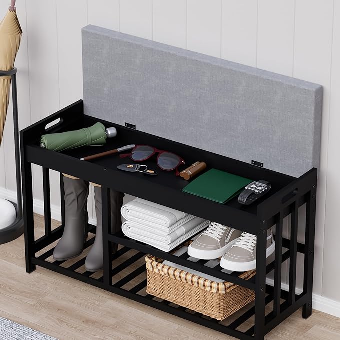 3-Tier Bamboo Shoe Rack Bench, Shoe Storage Organizer Bench, Entryway Benchs - Image 3