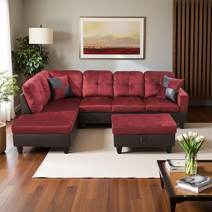 L Shaped Couch Modern Sectional Couch Upholstered Flannel Fabric 3 Pieces Sofas - Image 4