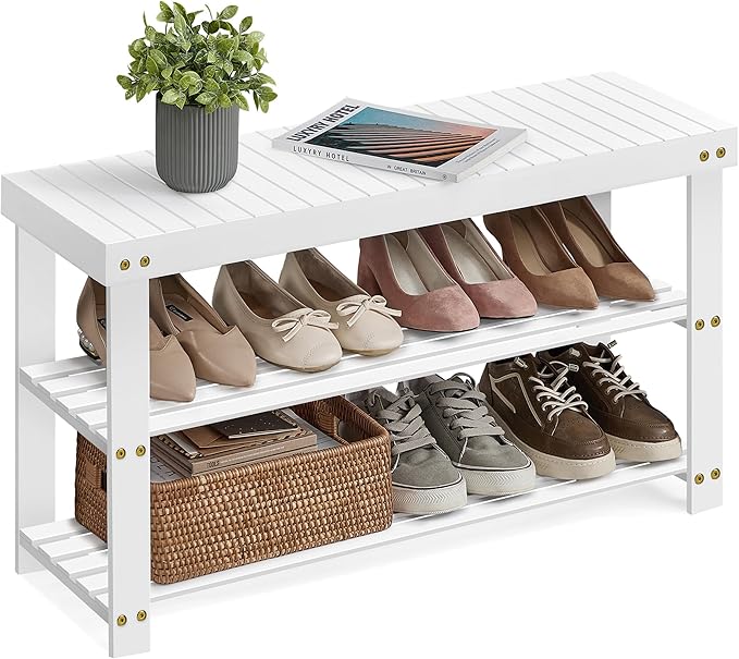 SONGMICS Shoe Rack Bench, 3-Tier Bamboo Shoe Storage Organizer, Entryway Bench by SONGMICSbySONGMICSHOME