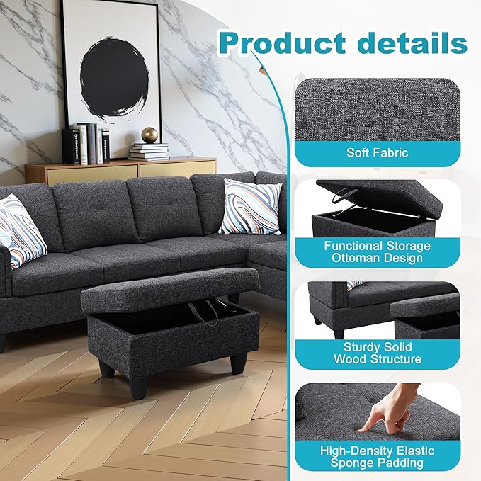 Couches for Living Room Modern L Shaped Couch Comfy Linen Fabric 3 Pieces - Image 5
