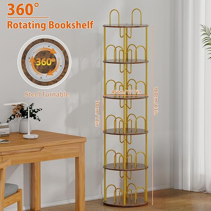 5 Tier Rotating Bookshelf, 360° Spinning Bookshelf Tower, Round Narrow Space - Image 2