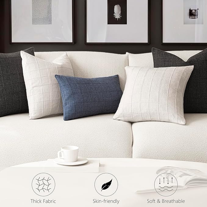 Foindtower Set of 2 Decorative Linen Check Throw Pillow Covers Neutral - Image 7