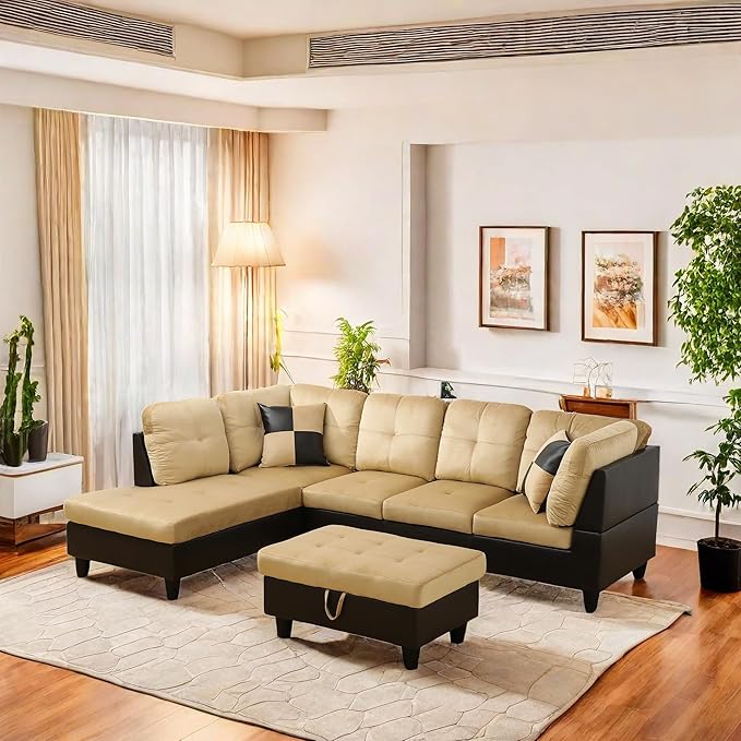 L Shaped Sectional Sofa with Ottoman, Color Blocking Flannel Leather Right - Image 5