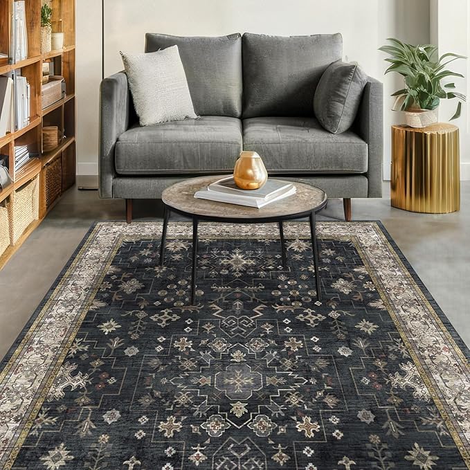 Black Farmhouse Washable 7x10 Area Rugs by HazoHaus