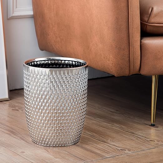 Modern Round Silver Small Trash Can Wastebasket, Garbage Container Bin - Image 3