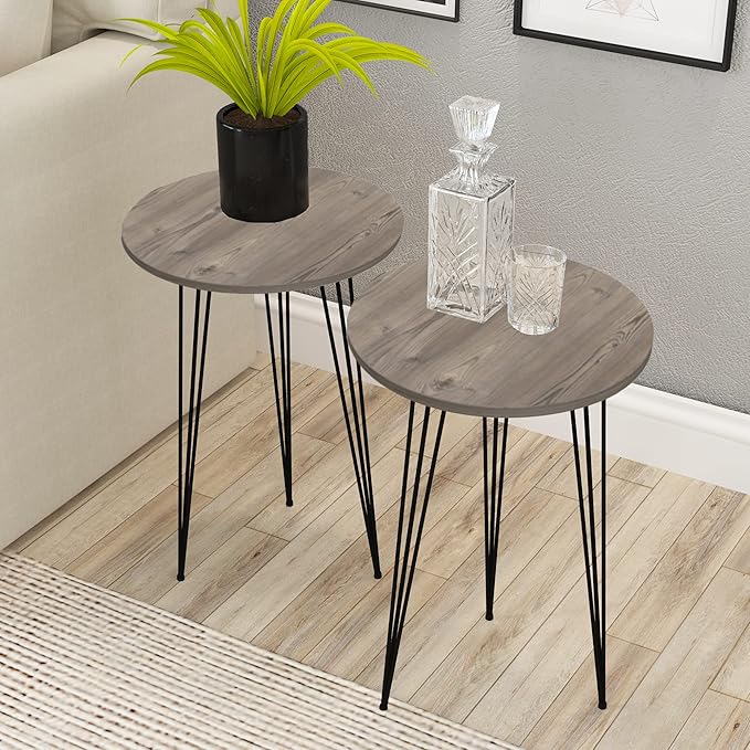 PAK HOME - Set of 2 Pine Wood Grey End Table – Round Wood Sofa Side Coffee by PAKHOME