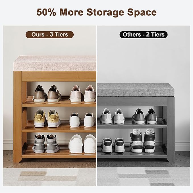47.2 in Shoe Rack Bench with Cushion, 3 Tier Bamboo Entryway Bench with Storage - Image 7