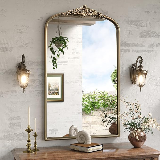Arched Antique Wall Mirror, Ornate Arched Bronze Mirror by Wiserset