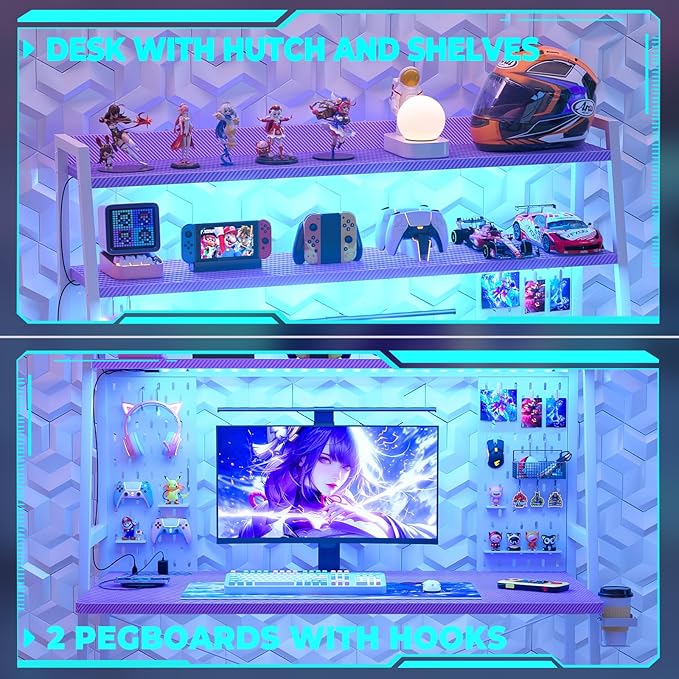 Gaming Desk with Hutch and LED Lights, Gaming Computer Desk with Power Outlets - Image 5
