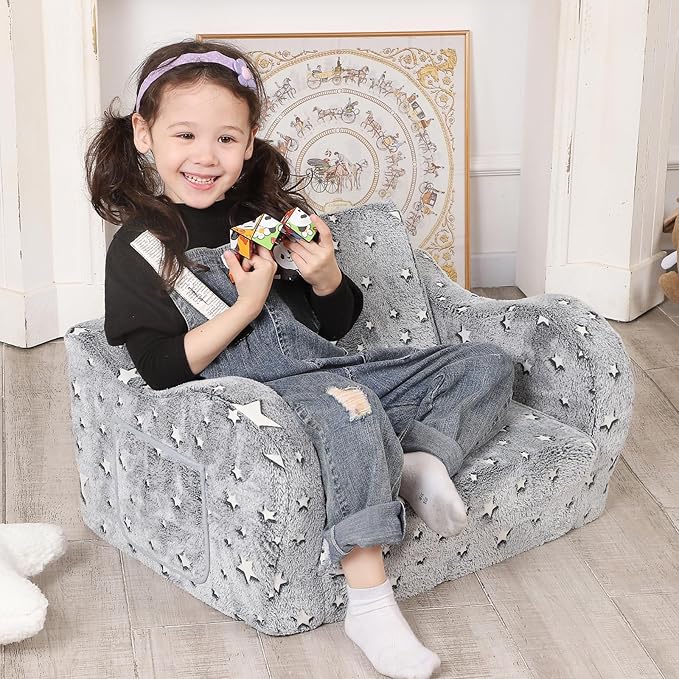 Star Glow in The Dark Toddler Couch, 2-in-1 Toddler Soft Couch Fold Out - Image 4