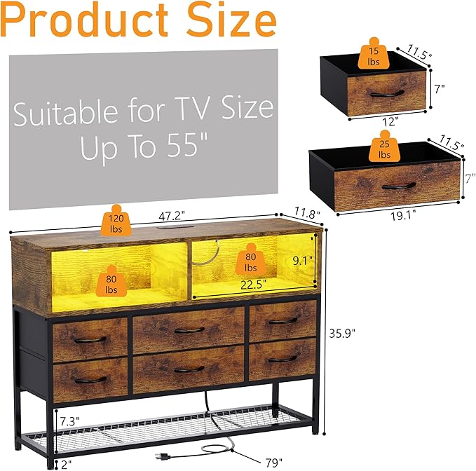 Dresser for Bedroom, 6 Drawers Led Dresser TV Stand - Image 2