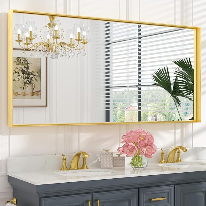Keonjinn Brushed Gold Bathroom Mirror 60” x 30” Metal Framed Rectangular Wall by Keonjinn