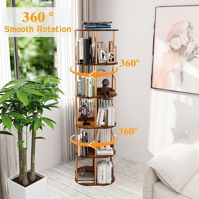 5-Tier Rotating Bookshelf, 360 ° Display Stackable Spinning Bookshelf Tower - Image 4